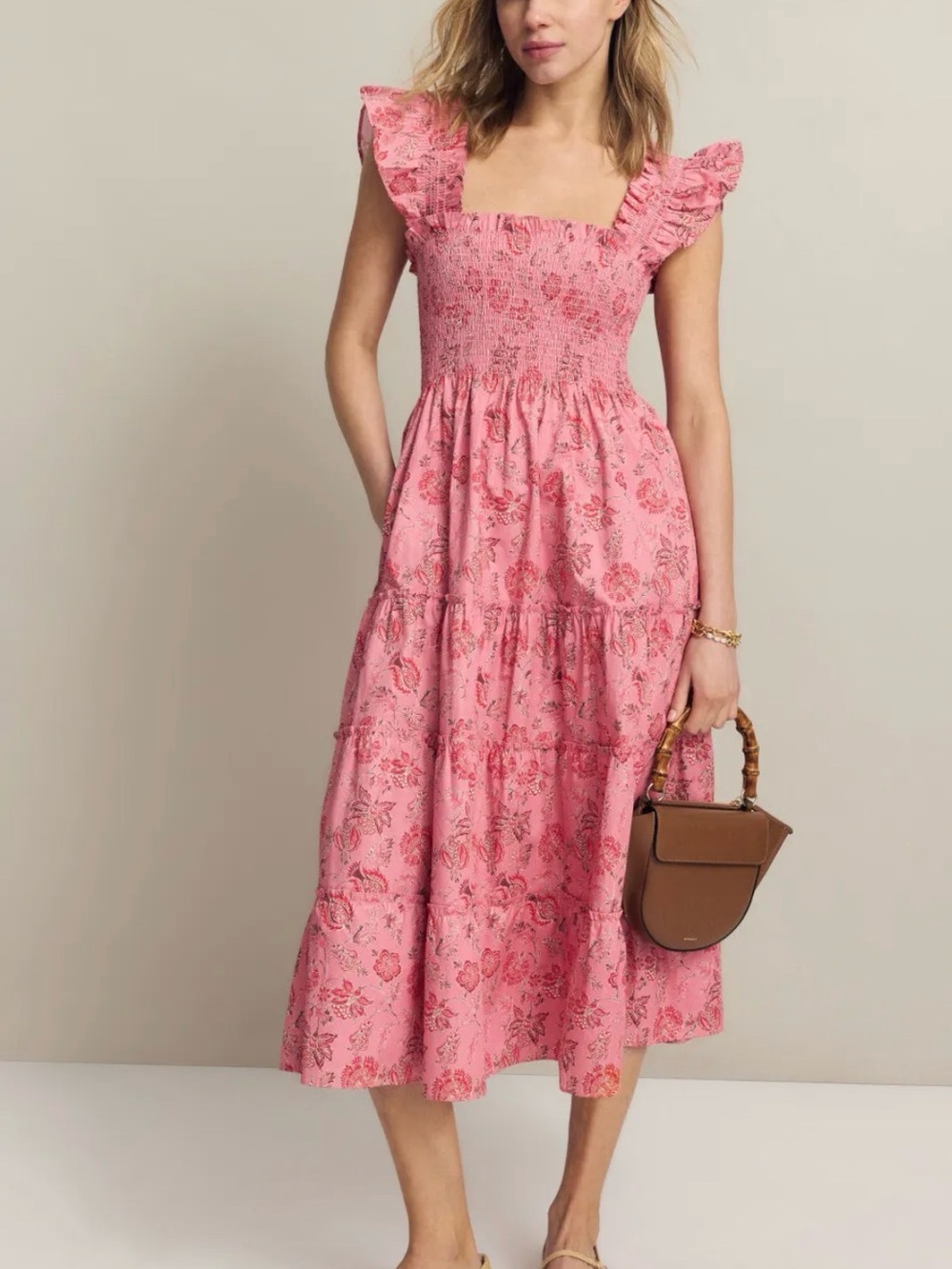 Hill House Pink Floral Smocked Midi with Ruffle Straps